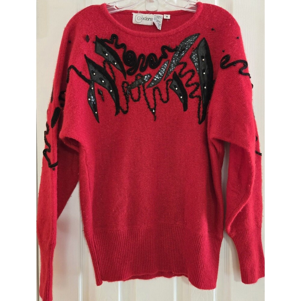 Vintage 80s MEDIUM Red Cedars Lambswool Angora Sweater Snakeskin Leather Beaded